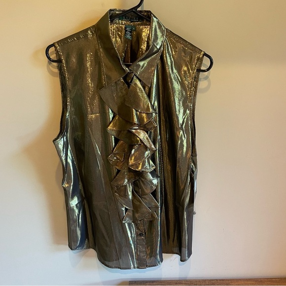 Ralph Lauren Sleeveless Top 14 Liquid Gold Lame Metallic Ruffle Silk Blend Glam - Picture 1 of 5